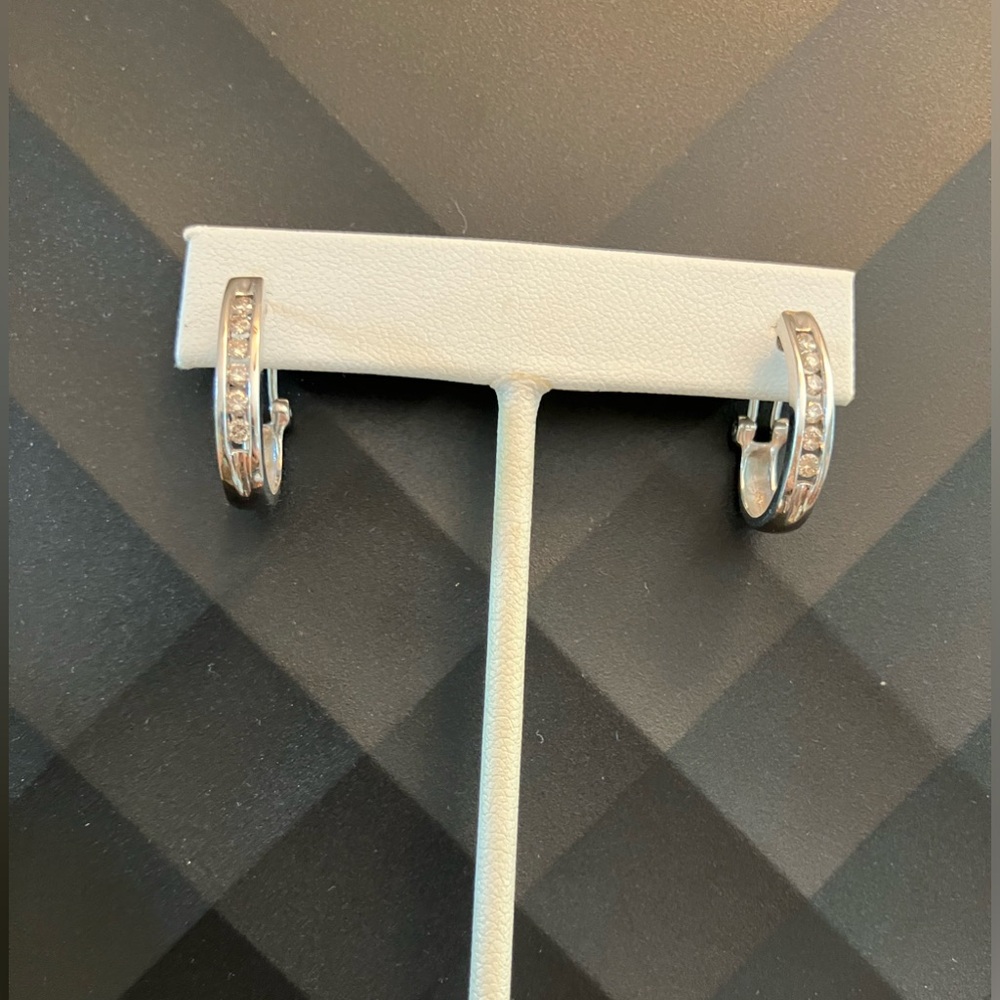14K White Gold Diamond “J” Omega Back Hoop Earrings .50 Carats Total Weight